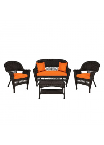 4pc Espresso Wicker Conversation Set - Orange Cushions
