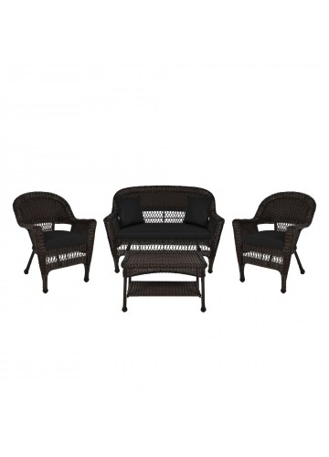 4pc Espresso Wicker Conversation Set - Black Cushions