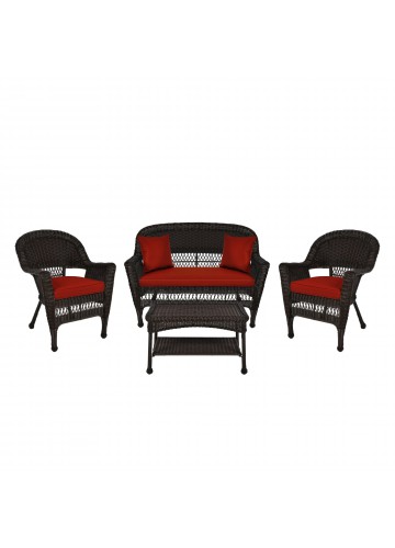 4pc Espresso Wicker Conversation Set - Brick Red Cushions