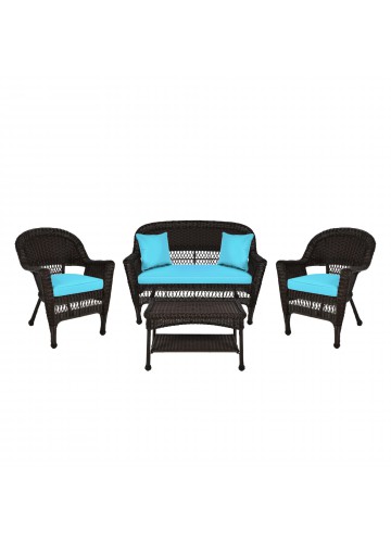 4pc Espresso Wicker Conversation Set - Sky Blue Cushion