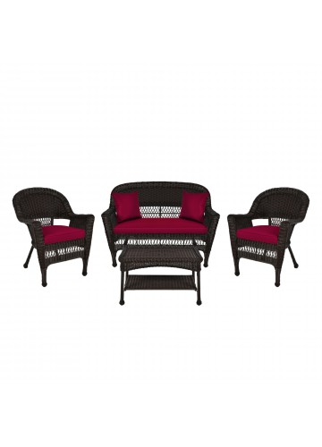 4pc Espresso Wicker Conversation Set - Red Cushion