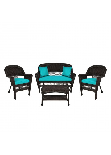 4pc Espresso Wicker Conversation Set - Turquoise Cushion