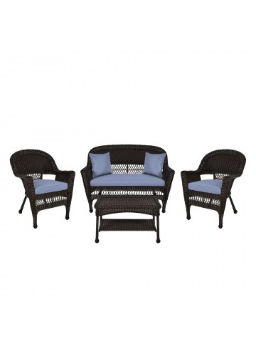 4pc Espresso Wicker Conversation Set - Steel Blue Cushion