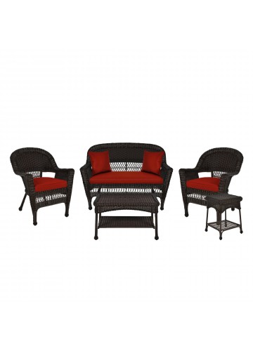 5pc Espresso Wicker Conversation Set - Brick Red Cushions