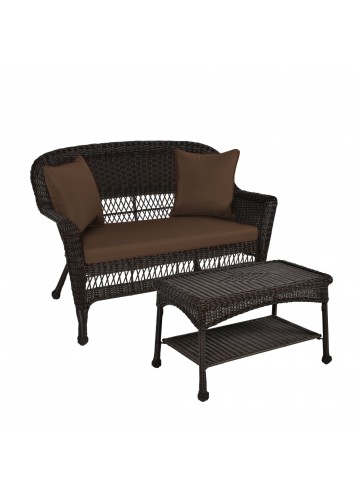 Espresso Wicker Patio Love Seat And Coffee Table Set With Brown Cushion
