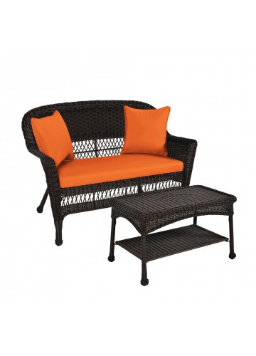 Espresso Wicker Patio Love Seat And Coffee Table Set With Orange Cushion