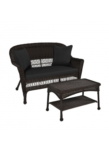 Espresso Wicker Patio Love Seat And Coffee Table Set With Black Cushion