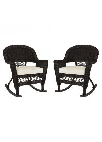 Espresso Rocker Wicker Chair with Ivory Cushion -  Set of 2