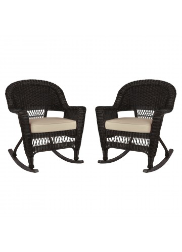 Espresso Rocker Wicker Chair with Tan Cushion -  Set of 2