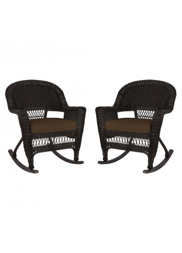 Espresso Rocker Wicker Chair with Brown Cushion -  Set of 2