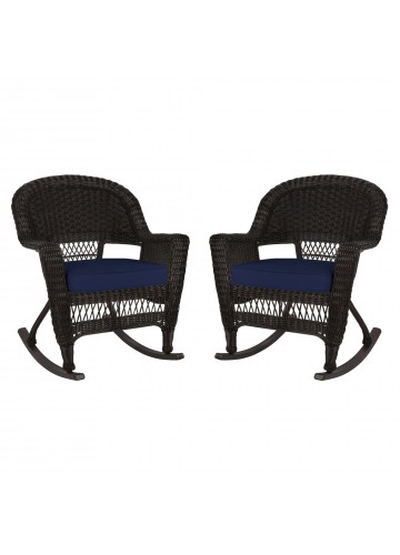 Espresso Rocker Wicker Chair with Midnight Blue Cushion -  Set of 2