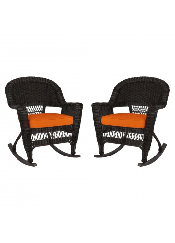Espresso Rocker Wicker Chair with Orange Cushion -  Set of 2