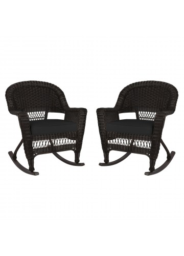 Espresso Rocker Wicker Chair with Black Cushion -  Set of 2