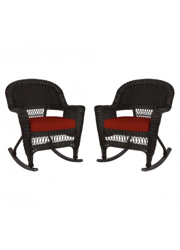 Espresso Rocker Wicker Chair with Brick Red Cushion -  Set of 2