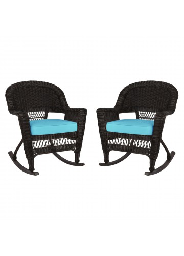 Espresso Rocker Wicker Chair with Sky Blue Cushion -  Set of 2