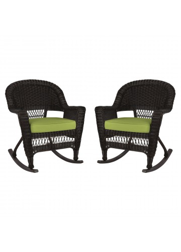 Espresso Rocker Wicker Chair with Sage Green Cushion -  Set of 2