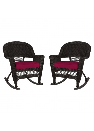 Espresso Rocker Wicker Chair with Red Cushion -  Set of 2