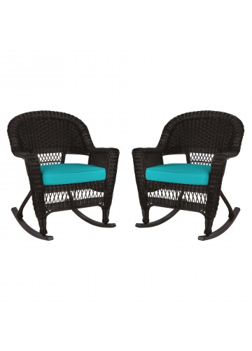 Espresso Rocker Wicker Chair with Turquoise Cushion -  Set of 2