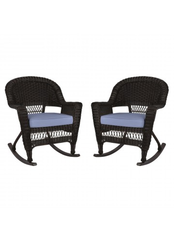 Espresso Rocker Wicker Chair with Steel Blue Cushion -  Set of 2