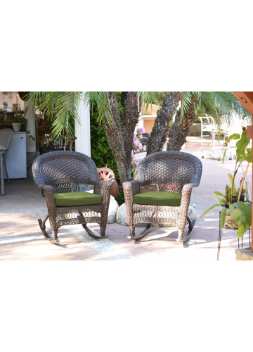 Espresso Rocker Wicker Chair with Hunter Green Cushion -  Set of 2