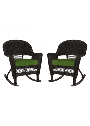 Espresso Rocker Wicker Chair with Hunter Green Cushion -  Set of 2