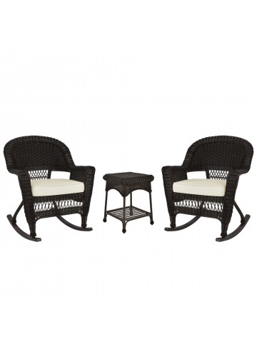 3pc Espresso Rocker Wicker Chair Set With Ivory Cushion