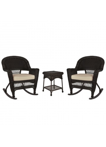 3pc Espresso Rocker Wicker Chair Set With Tan Cushion