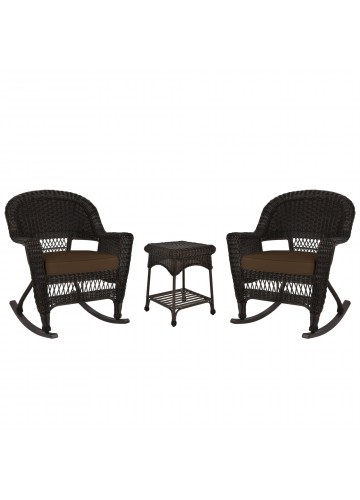 3pc Espresso Rocker Wicker Chair Set With Brown Cushion