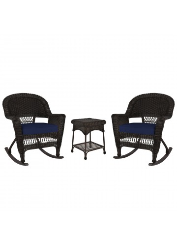 3pc Espresso Rocker Wicker Chair Set With Midnight Blue Cushion