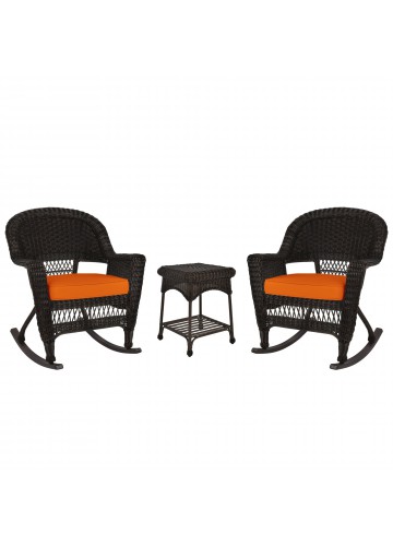 3pc Espresso Rocker Wicker Chair Set With Orange Cushion