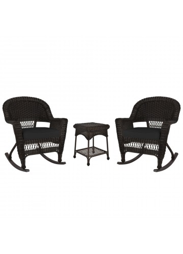 3pc Espresso Rocker Wicker Chair Set With Black Cushion
