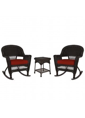 3pc Espresso Rocker Wicker Chair Set With Brick Red Cushion