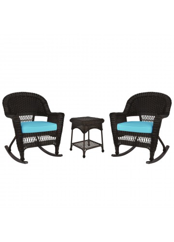 3pc Espresso Rocker Wicker Chair Set With Sky Blue Cushion