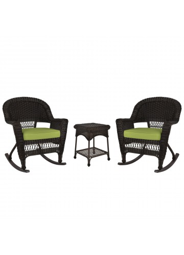 3pc Espresso Rocker Wicker Chair Set With Sage Green Cushion