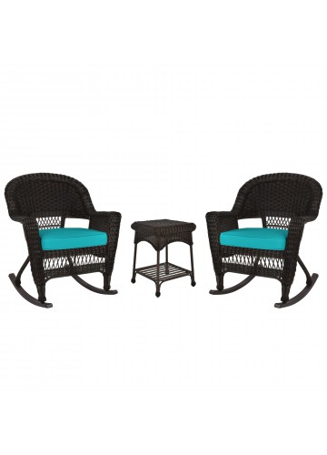 3pc Espresso Rocker Wicker Chair Set With Turquoise Cushion