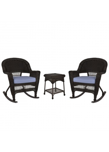 3pc Espresso Rocker Wicker Chair Set With Steel Blue Cushion