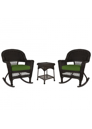 3pc Espresso Rocker Wicker Chair Set With Hunter Green Cushion