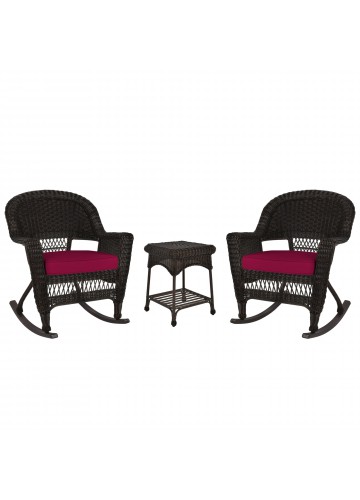 3pc Espresso Rocker Wicker Chair Set With Red Cushion