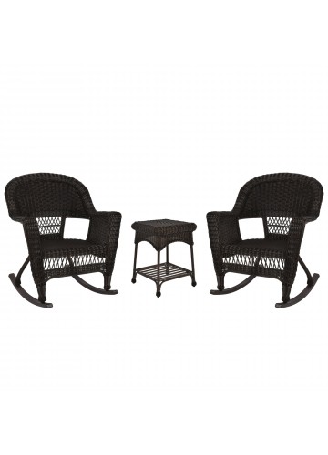 3pc Espresso Rocker Wicker Chair Set Without Cushion