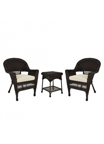 Espresso Wicker Chair And End Table Set With Ivory Chair Cushion