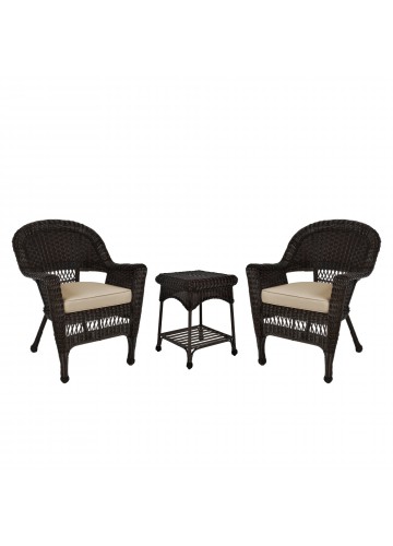 Espresso Wicker Chair And End Table Set With Tan Chair Cushion