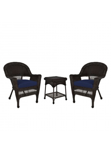 Espresso Wicker Chair And End Table Set With Midnight Blue Chair Cushion