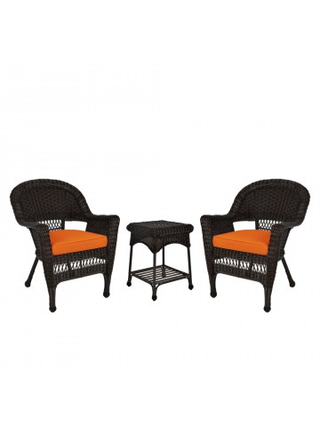 Espresso Wicker Chair And End Table Set With Orange Chair Cushion
