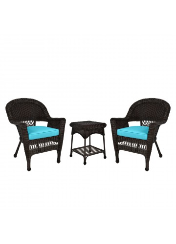Espresso Wicker Chair And End Table Set With Sky Blue Chair Cushion