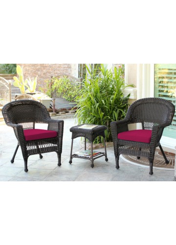 Espresso Wicker Chair And End Table Set With Red Chair Cushion
