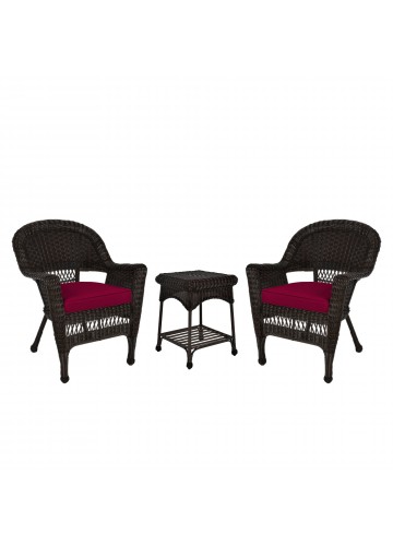 Espresso Wicker Chair And End Table Set With Red Chair Cushion