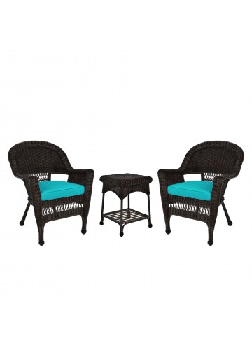 Espresso Wicker Chair And End Table Set With Turquoise Chair Cushion