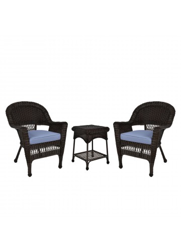 Espresso Wicker Chair And End Table Set With Steel Blue Chair Cushion