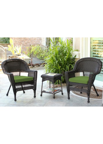 Espresso Wicker Chair And End Table Set With Hunter Green Chair Cushion