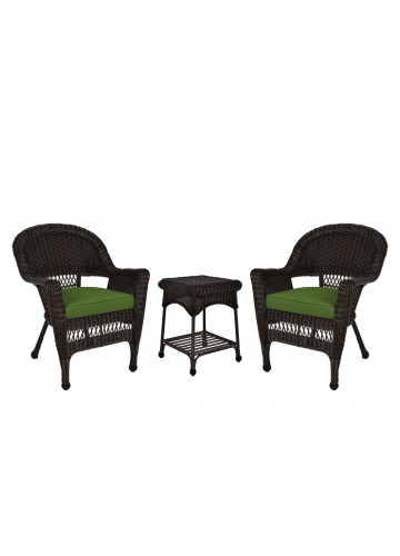 Espresso Wicker Chair And End Table Set With Hunter Green Chair Cushion
